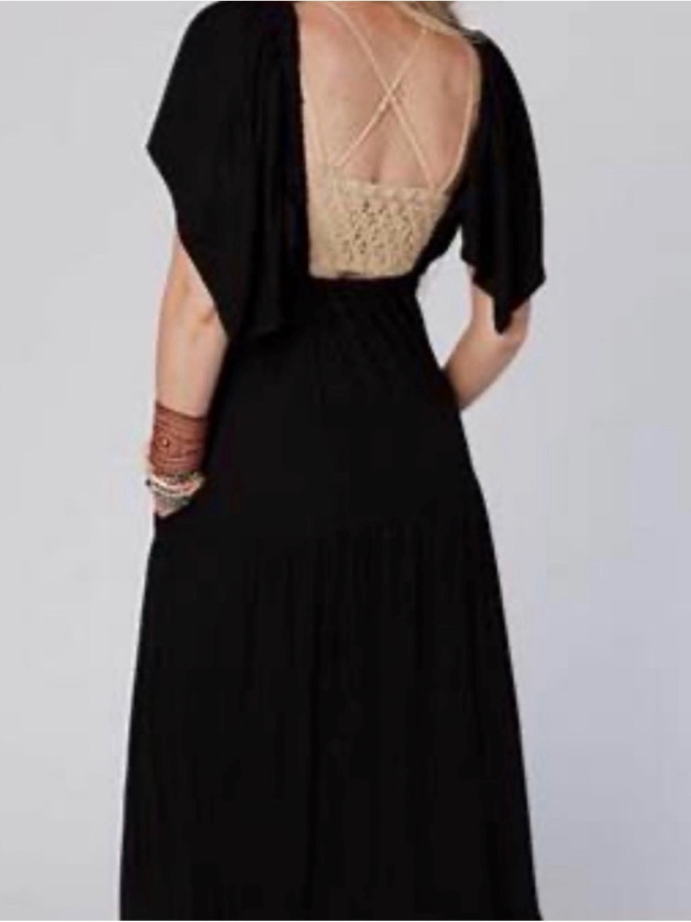 Three Bird Nest Black Maxi Dress with Cream Crochet Back